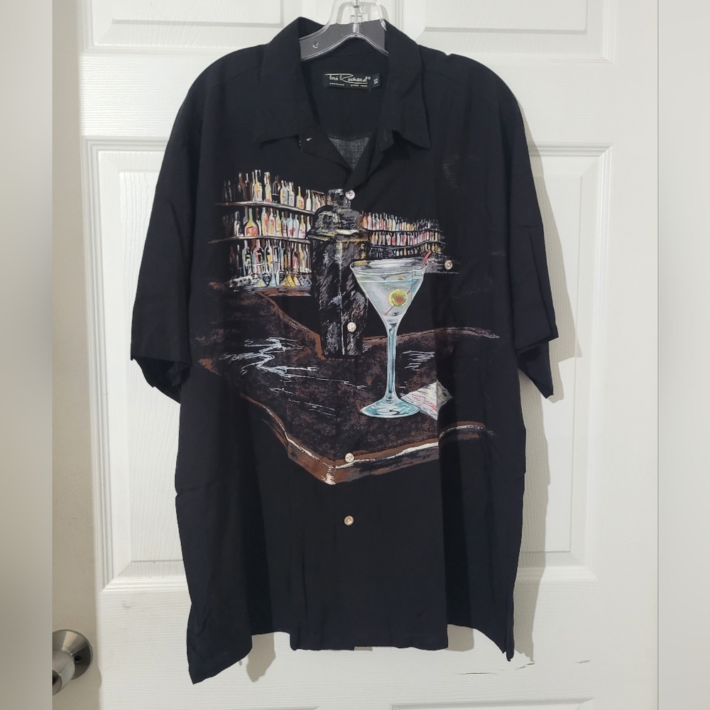 Men Size XL Tori Richard Martini Graphic Men's Black Hawaiian Button Front Shirt
